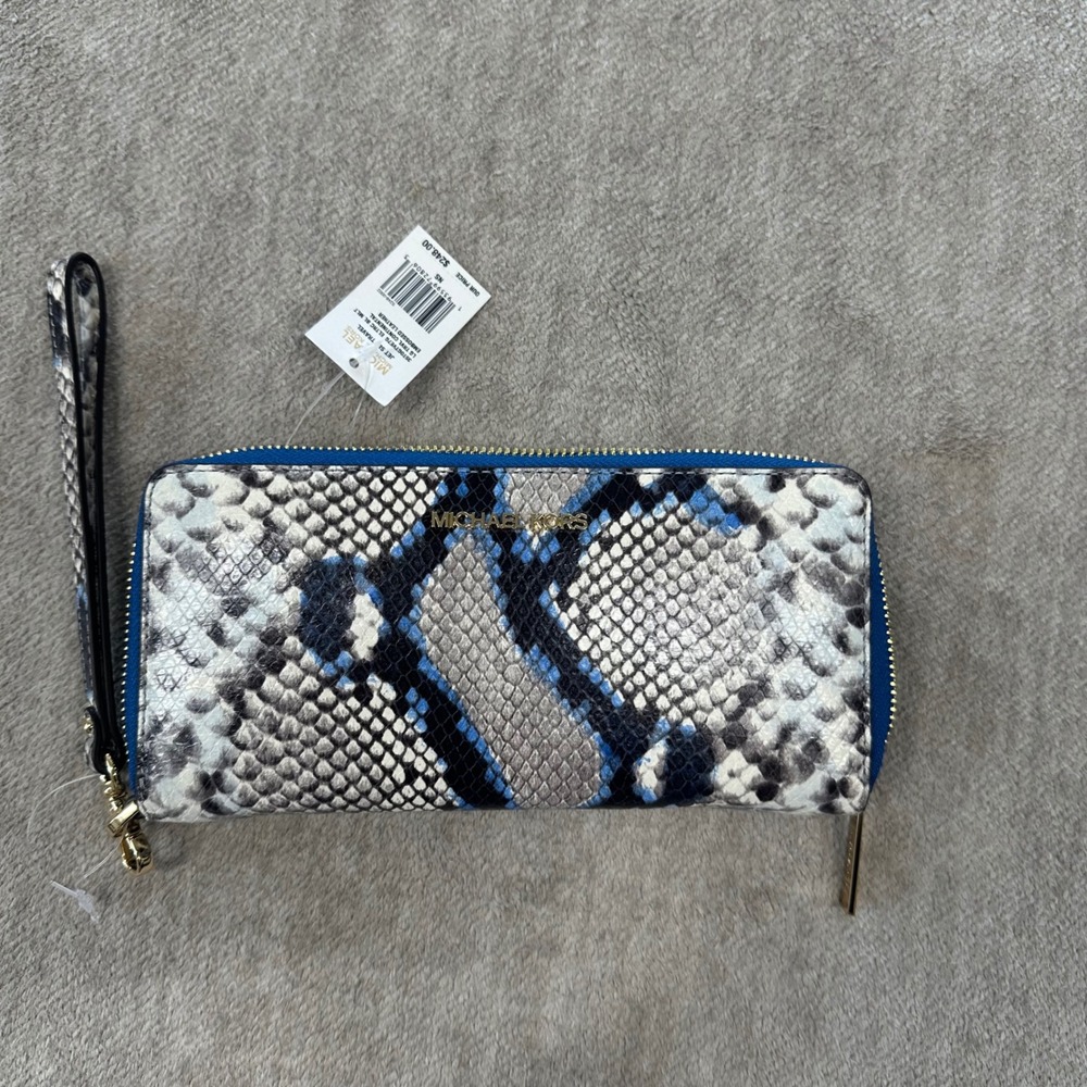 Michael Kors Snakeskin Embossed Bucket Bag and Wristlet Set Blue - Picture 9 of 14